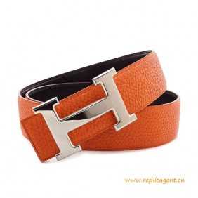 High Quality Reversible Leather Belt Orange with H Buckle