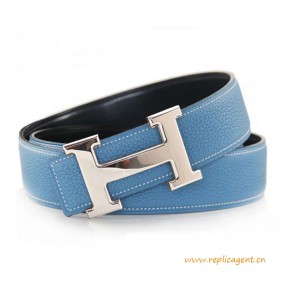 High Quality Reversible Leather Belt Sky Blue with H Buckle