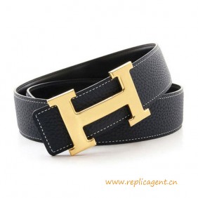 High Quality Reversible Leather Belt Navy Blue with H Buckle